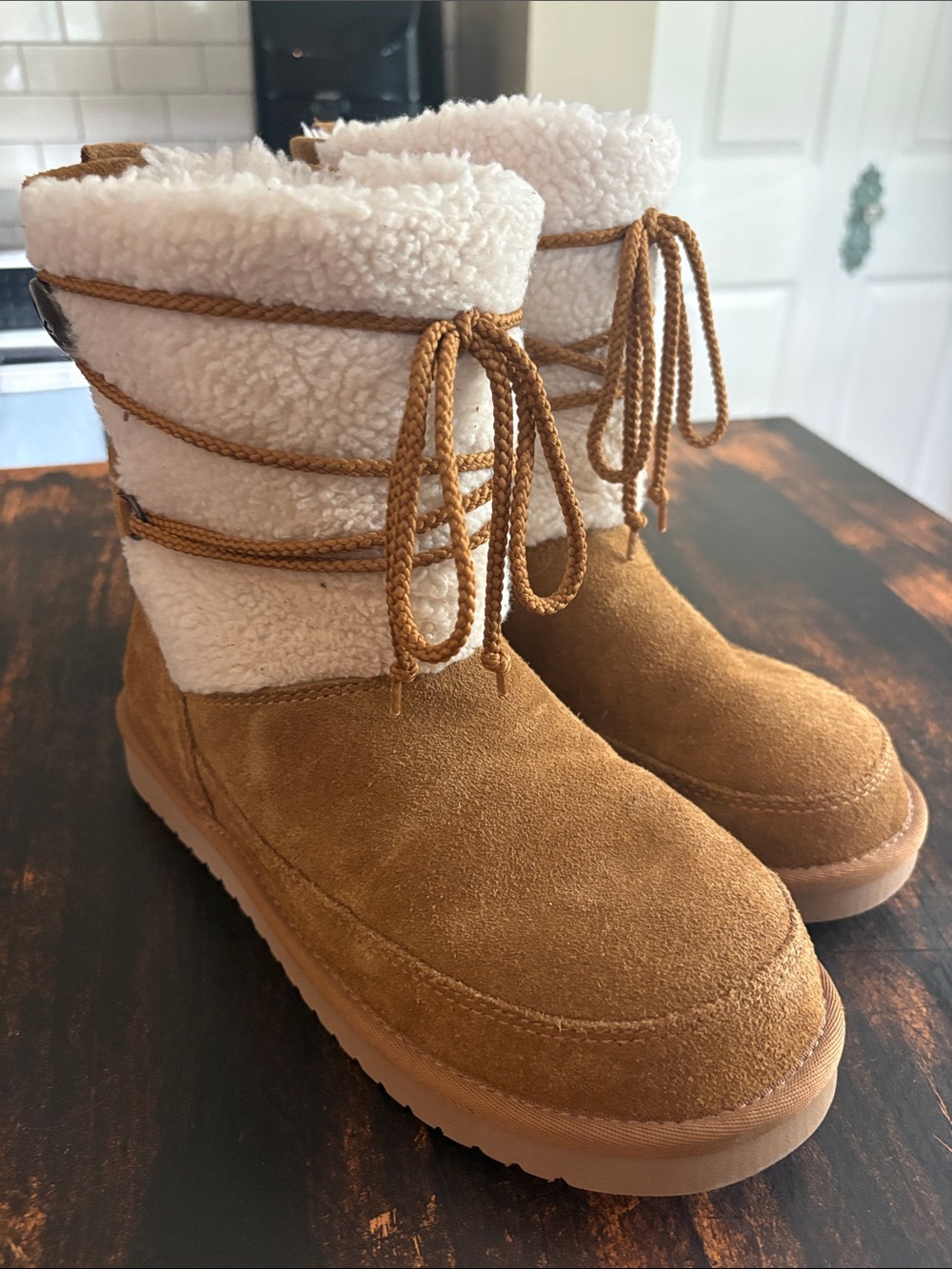 UGG Koolaburra Tan Suede Winter Boots with White Sherpa Cuff